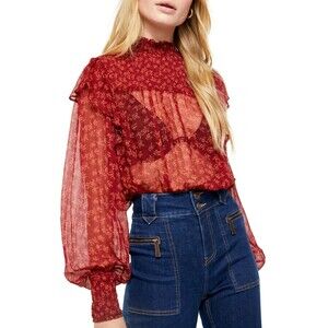 Free People Top Women's Extra Small Red Floral Sheer Long Sleeves Blouse